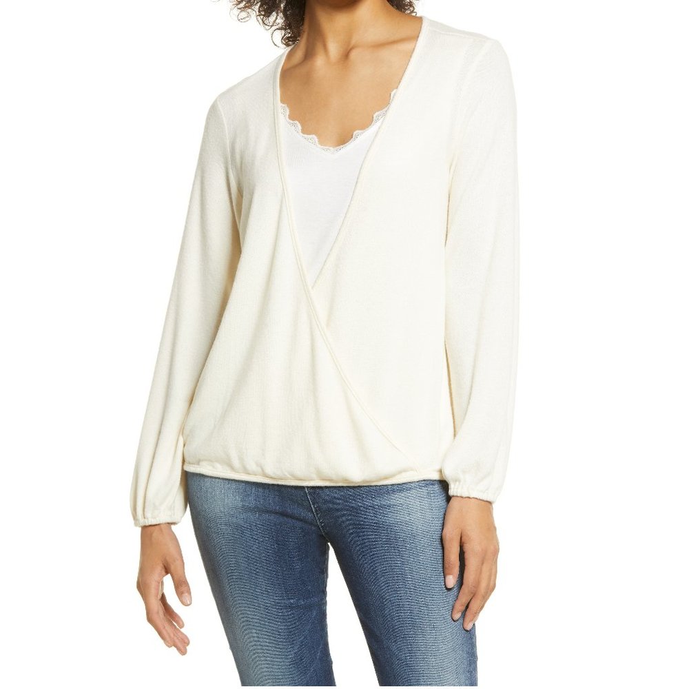NWT Women's Bobeau Wrap Front Lace Trim Long Sleeve Hacci Top Size XL $60 G204